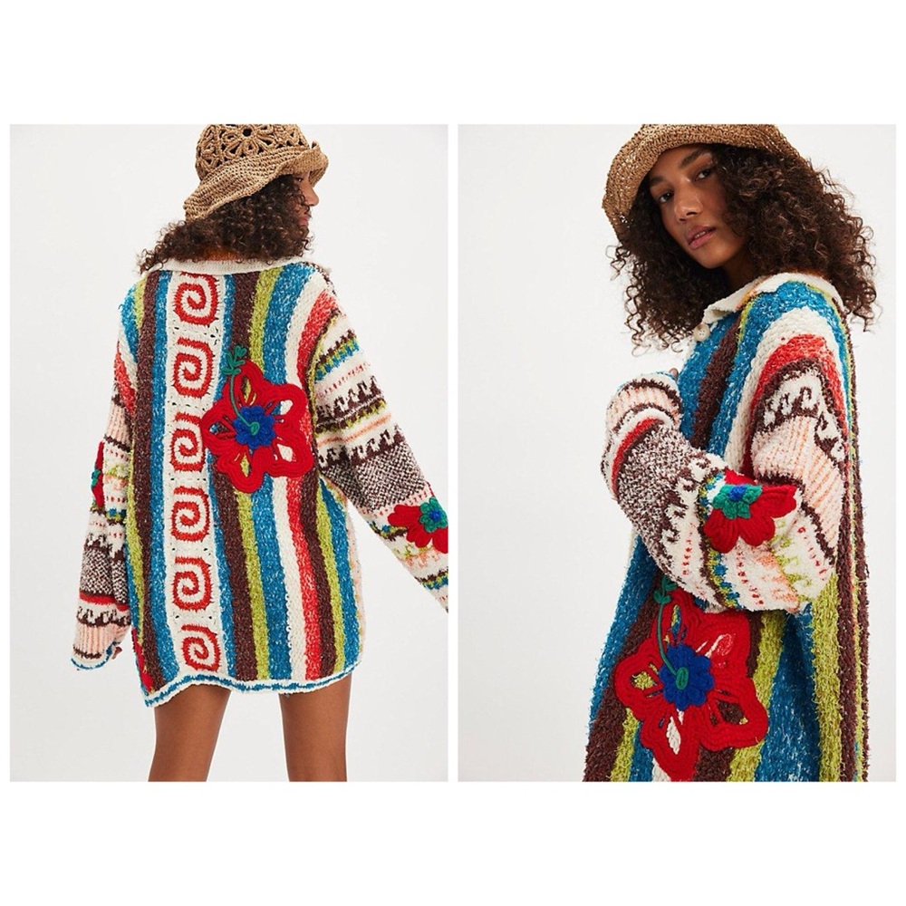 Free People Terry Towel Cardi Calypso Cardigan Sweater‎ Floral Artsy XS